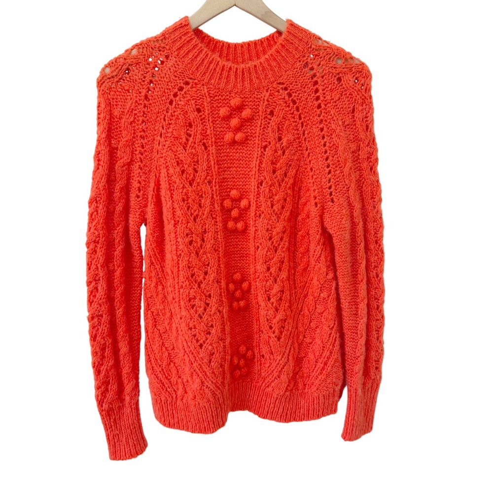J.Crew Sweater Size M Orange Cable Knit Alpaca Wool Pom Pom Pointelle Chunky
